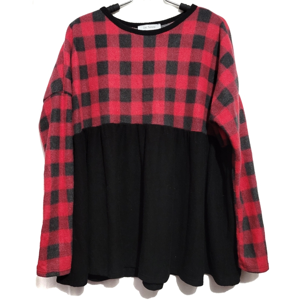 ces femme long sleeve buffalo check waffle thermal flowly bottom hem